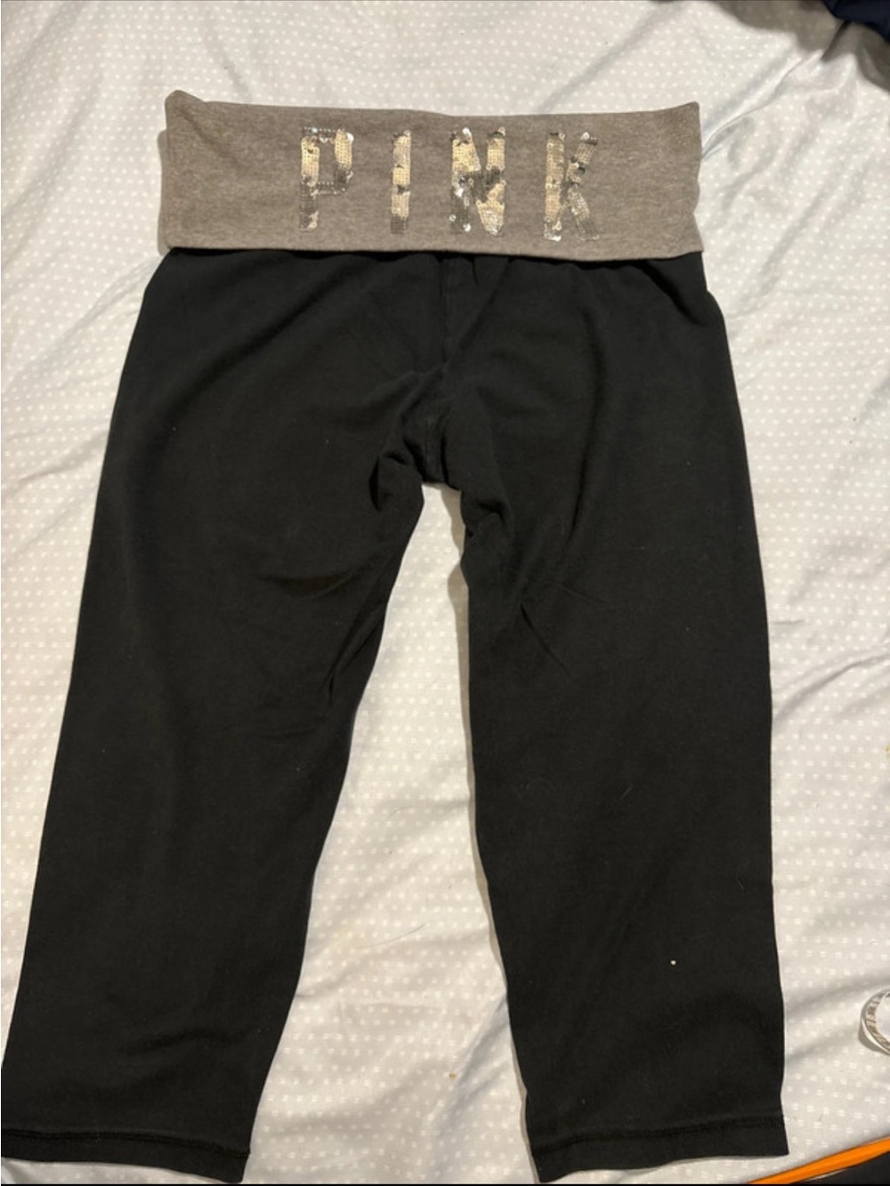 PINK Victoria's Secret Foldover Black Capri Leggings with Gray Sequin Logo
